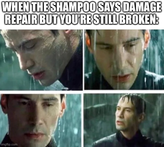 Tweaked the wording but this is from reddit | WHEN THE SHAMPOO SAYS DAMAGE REPAIR BUT YOU’RE STILL BROKEN: | image tagged in shampoo | made w/ Imgflip meme maker