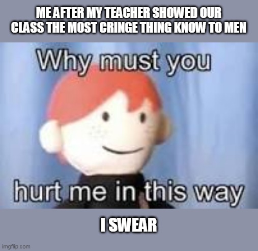 why... must you do this | ME AFTER MY TEACHER SHOWED OUR CLASS THE MOST CRINGE THING KNOW TO MEN; I SWEAR | image tagged in why must you hurt me in this way,school | made w/ Imgflip meme maker