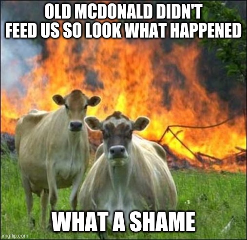 Evil Cows | OLD MCDONALD DIDN'T FEED US SO LOOK WHAT HAPPENED; WHAT A SHAME | image tagged in memes,evil cows | made w/ Imgflip meme maker