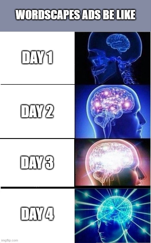 Wordscapes | WORDSCAPES ADS BE LIKE; DAY 1; DAY 2; DAY 3; DAY 4 | image tagged in memes,expanding brain | made w/ Imgflip meme maker