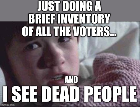 LOL | JUST DOING A BRIEF INVENTORY OF ALL THE VOTERS... AND; I SEE DEAD PEOPLE | image tagged in memes,i see dead people,funny,politics,voter fraud,democrats | made w/ Imgflip meme maker