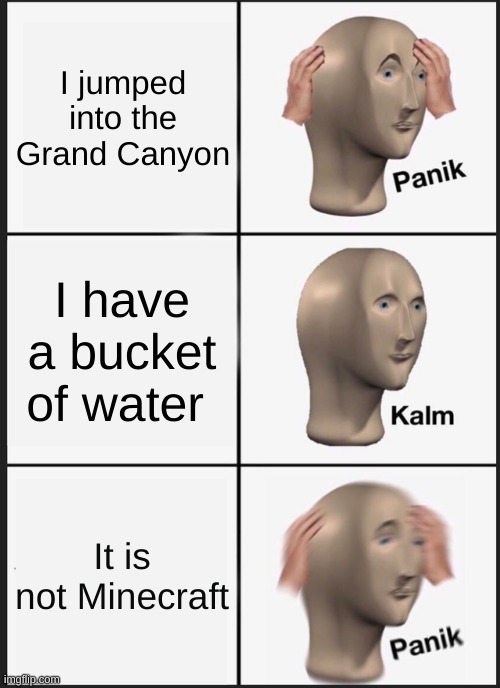 Panik Kalm Panik Meme | I jumped into the Grand Canyon; I have a bucket of water; It is not Minecraft | image tagged in memes,panik kalm panik | made w/ Imgflip meme maker