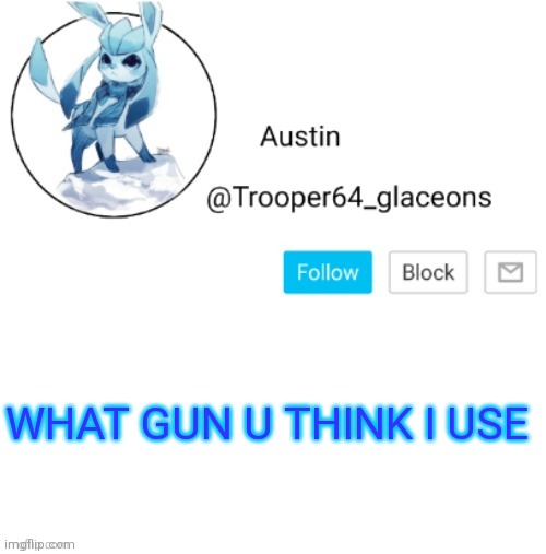 Glaceon announcement | WHAT GUN U THINK I USE | image tagged in glaceon announcement | made w/ Imgflip meme maker