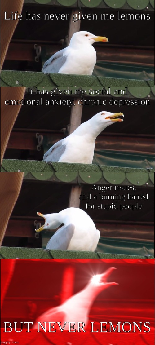 Why couldn't I have gotten a lemon | Life has never given me lemons; It has given me social and emotional anxiety, chronic depression; Anger issues, and a burning hatred for stupid people; BUT NEVER LEMONS | image tagged in memes,inhaling seagull | made w/ Imgflip meme maker