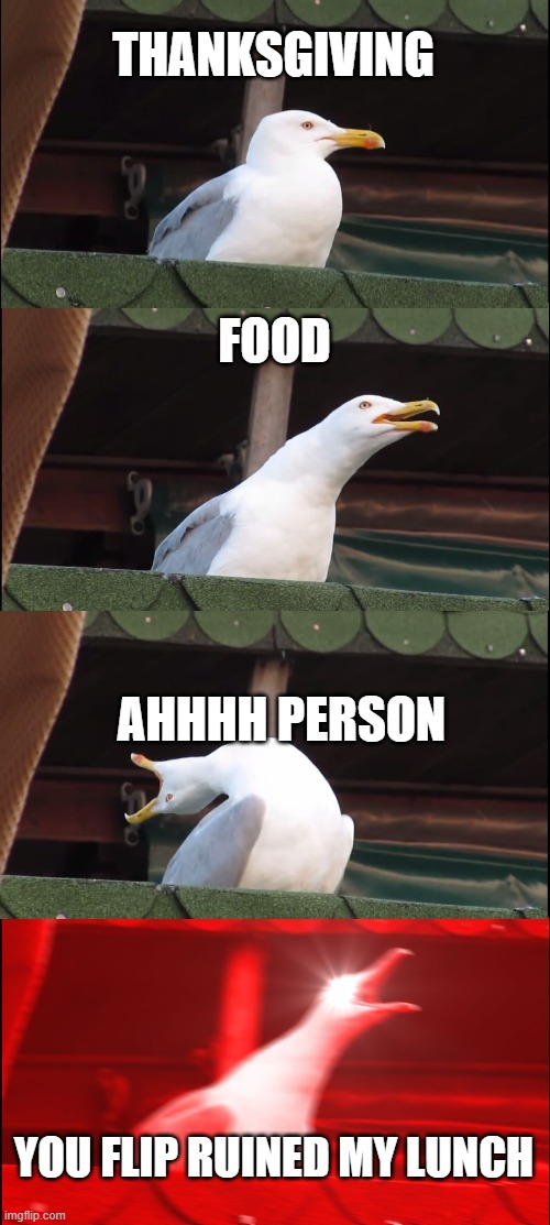 Inhaling Seagull | THANKSGIVING; FOOD; AHHHH PERSON; YOU FLIP RUINED MY LUNCH | image tagged in memes,inhaling seagull | made w/ Imgflip meme maker