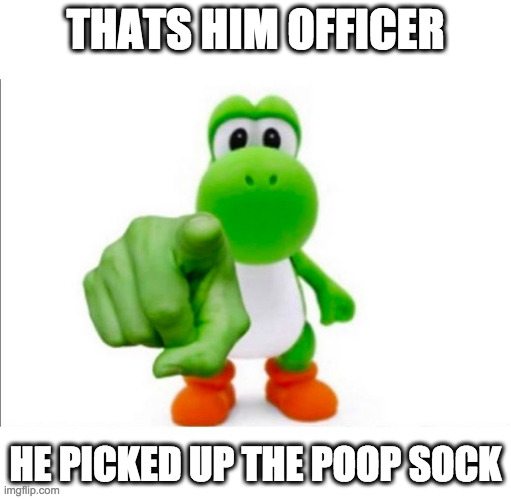 Pointing Yoshi | THATS HIM OFFICER; HE PICKED UP THE POOP SOCK | image tagged in pointing yoshi | made w/ Imgflip meme maker