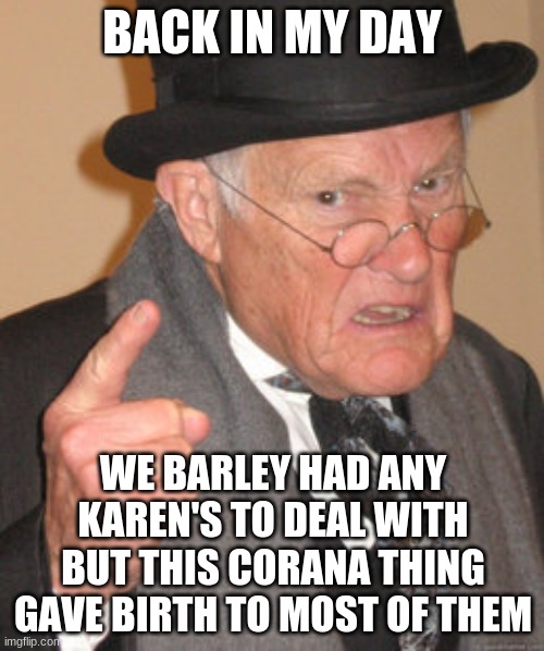 karens everywhere | BACK IN MY DAY; WE BARLEY HAD ANY KAREN'S TO DEAL WITH BUT THIS CORANA THING GAVE BIRTH TO MOST OF THEM | image tagged in memes,back in my day | made w/ Imgflip meme maker