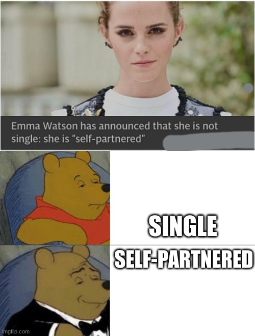 I too am self partnered | SINGLE; SELF-PARTNERED | image tagged in memes,tuxedo winnie the pooh | made w/ Imgflip meme maker