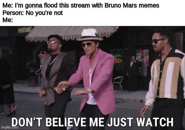 Me: I'm gonna flood this stream with Bruno Mars memes
Person: No you're not
Me: | made w/ Imgflip meme maker