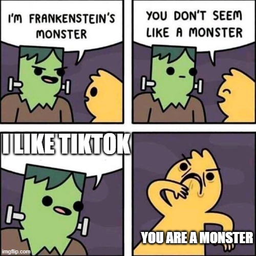 frankenstein's monster | I LIKE TIKTOK; YOU ARE A MONSTER | image tagged in frankenstein's monster | made w/ Imgflip meme maker