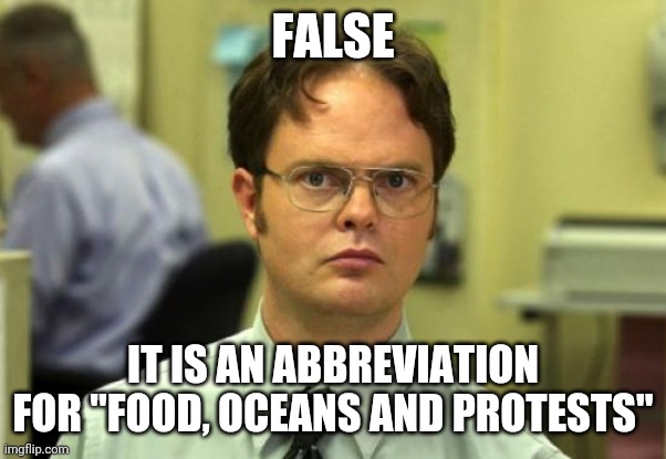 Dwight Schrute Meme | FALSE IT IS AN ABBREVIATION FOR "FOOD, OCEANS AND PROTESTS" | image tagged in memes,dwight schrute | made w/ Imgflip meme maker