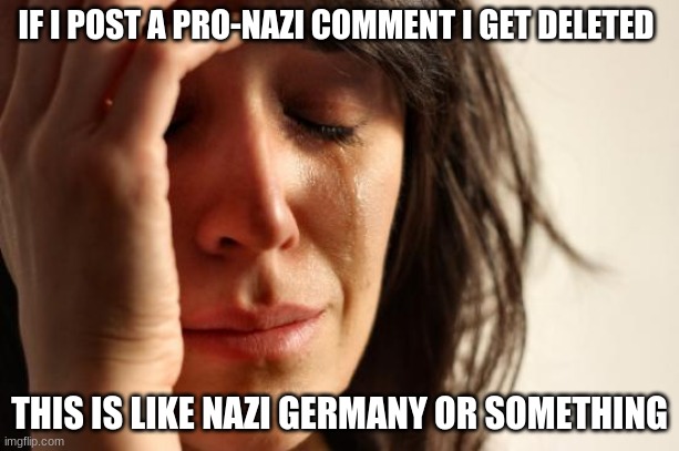 this is what people who whine about free speech complain about | IF I POST A PRO-NAZI COMMENT I GET DELETED; THIS IS LIKE NAZI GERMANY OR SOMETHING | image tagged in memes,first world problems | made w/ Imgflip meme maker