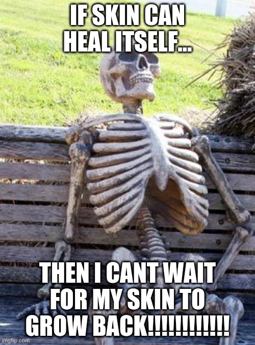 patience young one | IF SKIN CAN HEAL ITSELF... THEN I CANT WAIT FOR MY SKIN TO GROW BACK!!!!!!!!!!!! | image tagged in memes,waiting skeleton | made w/ Imgflip meme maker