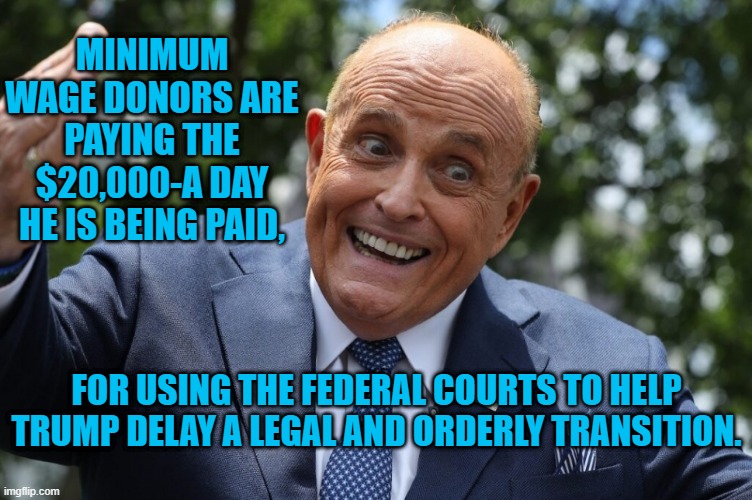 Rudy G. Is Now Rudy 20-Gs. | MINIMUM WAGE DONORS ARE PAYING THE $20,000-A DAY HE IS BEING PAID, FOR USING THE FEDERAL COURTS TO HELP TRUMP DELAY A LEGAL AND ORDERLY TRANSITION. | image tagged in politics | made w/ Imgflip meme maker