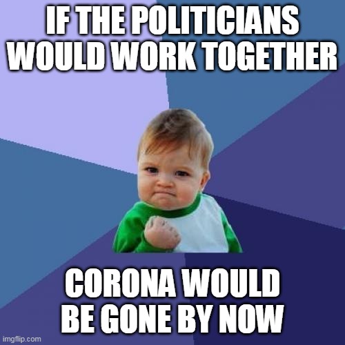 People we need to work together to end corona | IF THE POLITICIANS WOULD WORK TOGETHER; CORONA WOULD BE GONE BY NOW | image tagged in memes,success kid | made w/ Imgflip meme maker