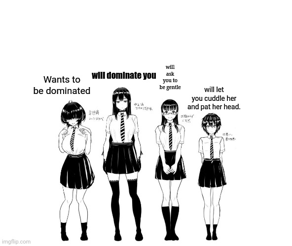 Wants to be dominated with a fourth girl. | will ask you to be gentle; will dominate you; Wants to be dominated; will let you cuddle her and pat her head. | image tagged in memes | made w/ Imgflip meme maker