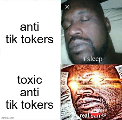 i have nothing against anti tik tokers, just the toxic ones. | anti tik tokers; toxic anti tik tokers | image tagged in memes,sleeping shaq | made w/ Imgflip meme maker