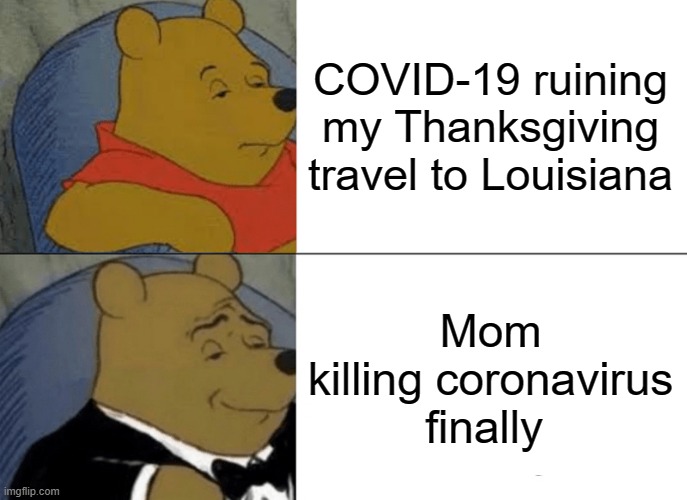This meme will get 500 upvotes | COVID-19 ruining my Thanksgiving travel to Louisiana; Mom killing coronavirus finally | image tagged in memes,tuxedo winnie the pooh | made w/ Imgflip meme maker