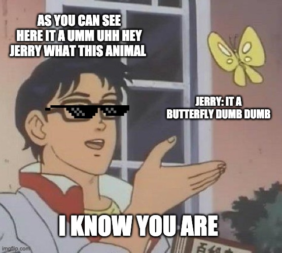 Is This A Pigeon Meme | AS YOU CAN SEE HERE IT A UMM UHH HEY JERRY WHAT THIS ANIMAL; JERRY: IT A BUTTERFLY DUMB DUMB; I KNOW YOU ARE | image tagged in memes,is this a pigeon | made w/ Imgflip meme maker