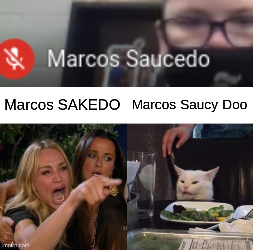 Pronouncing his last name | Marcos SAKEDO; Marcos Saucy Doo | image tagged in memes,woman yelling at cat | made w/ Imgflip meme maker