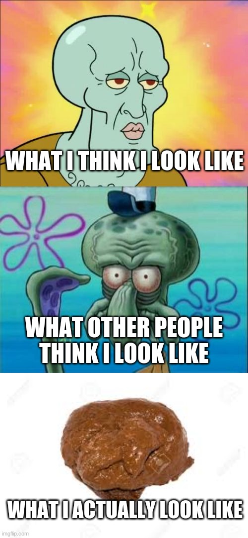 if you want to actually see my face just give me 69 upvotes & 69 comments | WHAT I THINK I LOOK LIKE; WHAT OTHER PEOPLE THINK I LOOK LIKE; WHAT I ACTUALLY LOOK LIKE | image tagged in memes,squidward | made w/ Imgflip meme maker