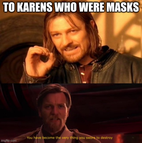TO KARENS WHO WERE MASKS | image tagged in memes,one does not simply,you have become the very thing you swore to destroy | made w/ Imgflip meme maker