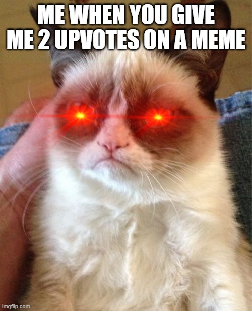 Meow | ME WHEN YOU GIVE ME 2 UPVOTES ON A MEME | image tagged in memes,grumpy cat | made w/ Imgflip meme maker