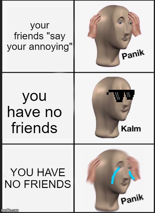 lonely boy ;( | your friends "say your annoying"; you have no friends; YOU HAVE NO FRIENDS | image tagged in memes,panik kalm panik | made w/ Imgflip meme maker
