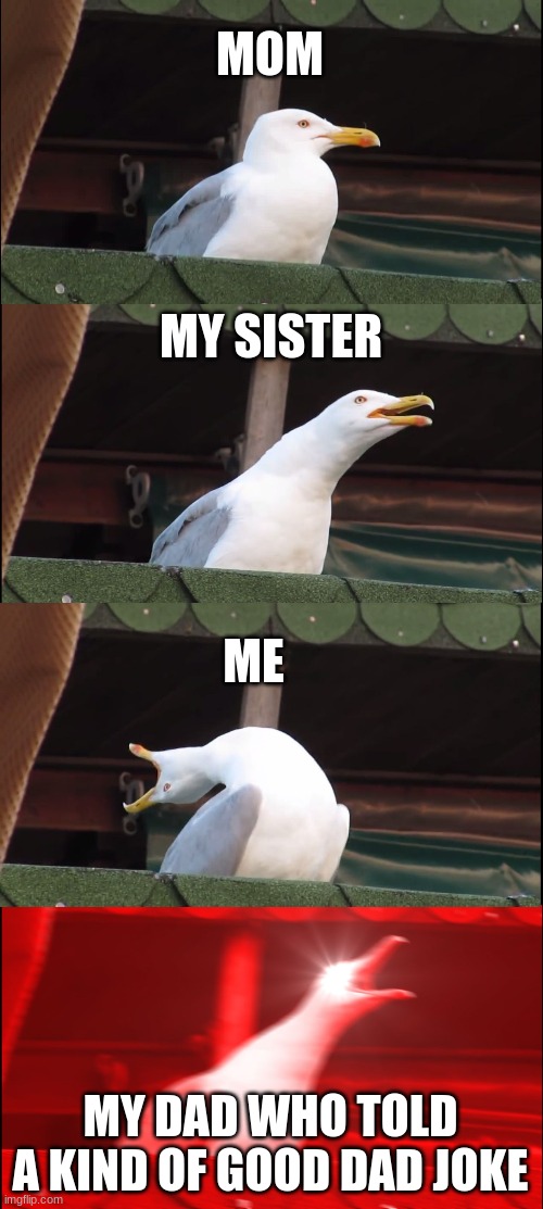 Inhaling Seagull Meme | MOM; MY SISTER; ME; MY DAD WHO TOLD A KIND OF GOOD DAD JOKE | image tagged in memes,inhaling seagull | made w/ Imgflip meme maker