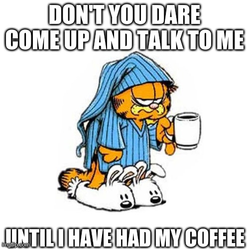 garfield-coffee | DON'T YOU DARE COME UP AND TALK TO ME; UNTIL I HAVE HAD MY COFFEE | image tagged in garfield-coffee | made w/ Imgflip meme maker