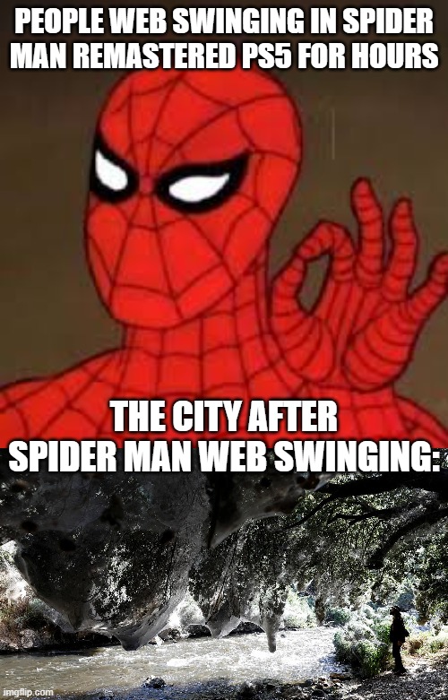 Friendly neighborhood spider webs | PEOPLE WEB SWINGING IN SPIDER MAN REMASTERED PS5 FOR HOURS; THE CITY AFTER SPIDER MAN WEB SWINGING: | image tagged in spider man | made w/ Imgflip meme maker
