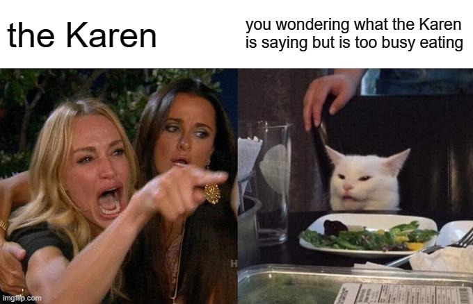 Woman Yelling At Cat Meme | the Karen; you wondering what the Karen is saying but is too busy eating | image tagged in memes,woman yelling at cat | made w/ Imgflip meme maker