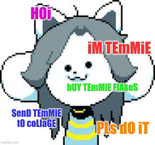 HOi iM TEmMiE bUY TEmMiE FlAkeS SenD TEmMiE tO coLlaGE PLs dO iT | image tagged in temmie | made w/ Imgflip meme maker