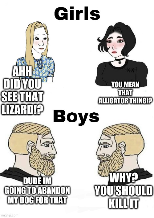 Lizards | YOU MEAN THAT ALLIGATOR THING!? AHH DID YOU SEE THAT LIZARD!? DUDE IM GOING TO ABANDON MY DOG FOR THAT; WHY? YOU SHOULD KILL IT | image tagged in girls vs boys,lizards,memes | made w/ Imgflip meme maker