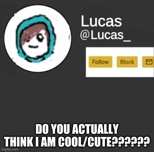 dont answer | DO YOU ACTUALLY THINK I AM COOL/CUTE?????? | image tagged in lucas | made w/ Imgflip meme maker