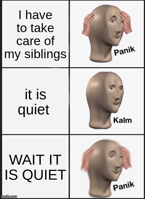 Panik Kalm Panik Meme |  I have to take care of my siblings; it is quiet; WAIT IT IS QUIET | image tagged in memes,panik kalm panik | made w/ Imgflip meme maker