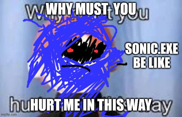 Why must you hurt me in this way | WHY MUST  YOU; SONIC.EXE BE LIKE; HURT ME IN THIS WAY | image tagged in why must you hurt me in this way | made w/ Imgflip meme maker