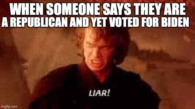 YOU TELLL ME LIES ALT. RIGHT! | WHEN SOMEONE SAYS THEY ARE; A REPUBLICAN AND YET VOTED FOR BIDEN | image tagged in anakin liar | made w/ Imgflip meme maker
