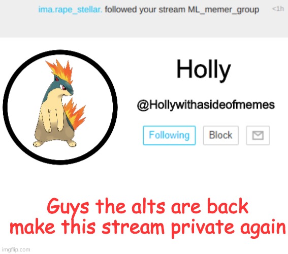 Guys the alts are back make this stream private again | image tagged in holly announcement template | made w/ Imgflip meme maker