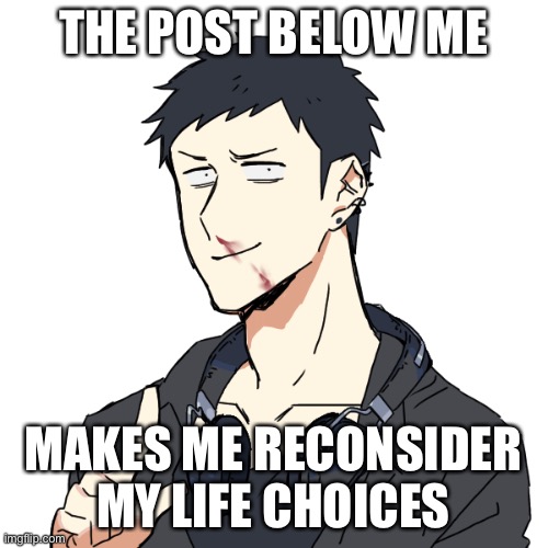 Emo: hold up | THE POST BELOW ME; MAKES ME RECONSIDER MY LIFE CHOICES | image tagged in emo hold up | made w/ Imgflip meme maker
