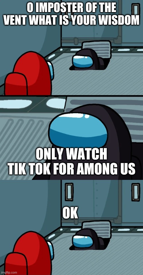 dont watch that other cringieness | O IMPOSTER OF THE VENT WHAT IS YOUR WISDOM; ONLY WATCH TIK TOK FOR AMONG US; OK | image tagged in impostor of the vent | made w/ Imgflip meme maker