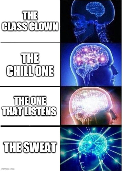 The people in class | THE CLASS CLOWN; THE CHILL ONE; THE ONE THAT LISTENS; THE SWEAT | image tagged in memes,expanding brain | made w/ Imgflip meme maker
