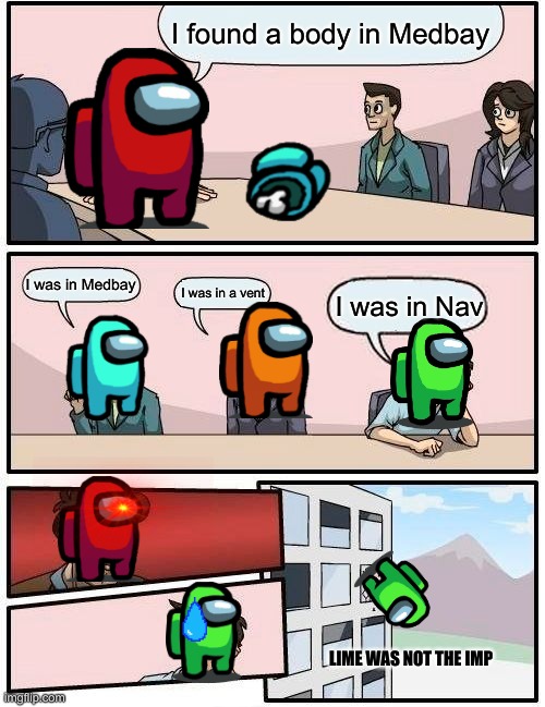 why | I found a body in Medbay; I was in Medbay; I was in a vent; I was in Nav; LIME WAS NOT THE IMP | image tagged in memes,boardroom meeting suggestion | made w/ Imgflip meme maker