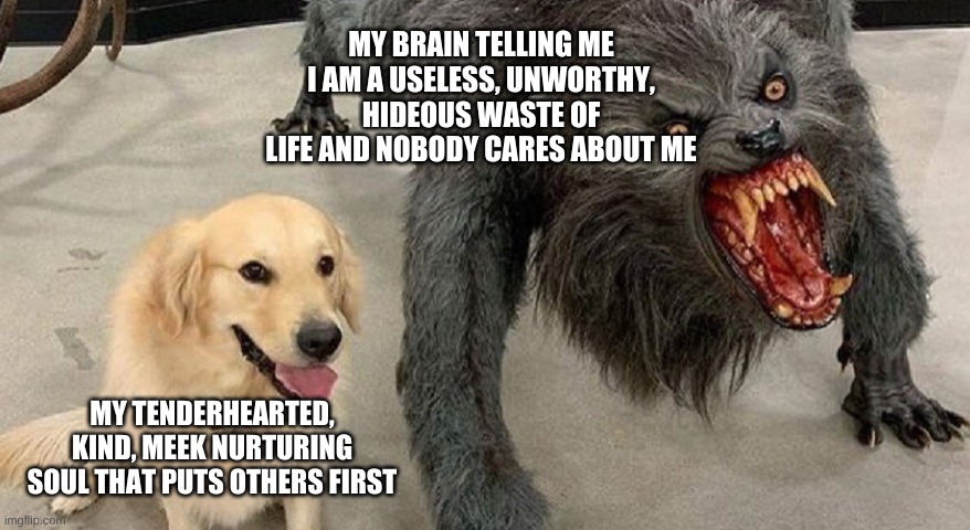 My own worst enemy | MY BRAIN TELLING ME I AM A USELESS, UNWORTHY, HIDEOUS WASTE OF LIFE AND NOBODY CARES ABOUT ME; MY TENDERHEARTED, KIND, MEEK NURTURING SOUL THAT PUTS OTHERS FIRST | image tagged in self-hate,meme,enemy | made w/ Imgflip meme maker