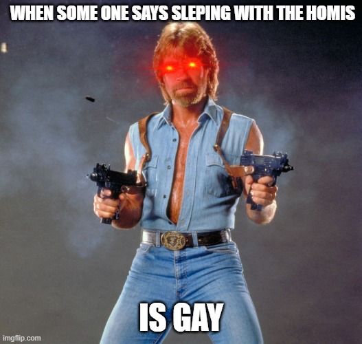 Chuck Norris Guns Meme | WHEN SOME ONE SAYS SLEPING WITH THE HOMIS; IS GAY | image tagged in memes,chuck norris guns,chuck norris | made w/ Imgflip meme maker