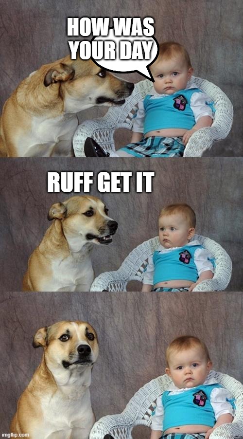 Dad Joke Dog | HOW WAS YOUR DAY; RUFF GET IT | image tagged in memes,dad joke dog | made w/ Imgflip meme maker