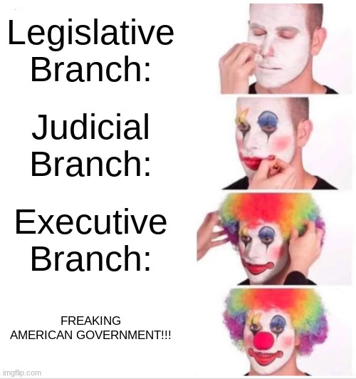 Separation of Powers | Legislative Branch:; Judicial Branch:; Executive Branch:; FREAKING AMERICAN GOVERNMENT!!! | image tagged in memes,clown applying makeup | made w/ Imgflip meme maker