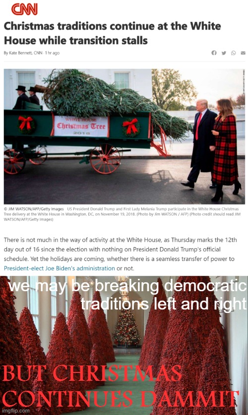 ["Christmas continues, dammit": Nominated for Trump transition motto 2020] | we may be breaking democratic traditions left and right; BUT CHRISTMAS CONTINUES DAMMIT | image tagged in trump christmas transition,trump christmas trees,election 2020,christmas,merry christmas,trump is an asshole | made w/ Imgflip meme maker