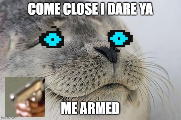armed seal | COME CLOSE I DARE YA; ME ARMED | image tagged in help | made w/ Imgflip meme maker