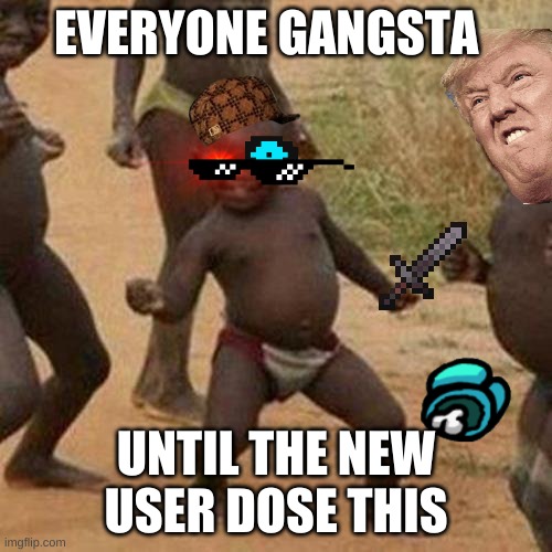 Third World Success Kid | EVERYONE GANGSTA; UNTIL THE NEW USER DOSE THIS | image tagged in memes,third world success kid | made w/ Imgflip meme maker